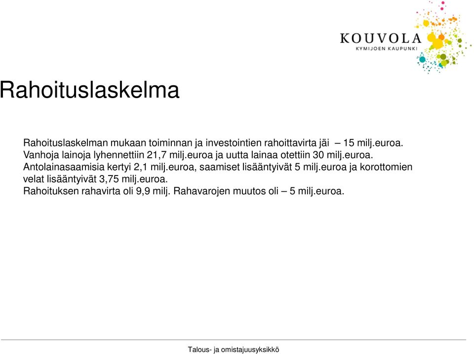 euroa, saamiset lisääntyivät 5 milj.euroa ja korottomien velat lisääntyivät 3,75 milj.euroa. Rahoituksen rahavirta oli 9,9 milj.