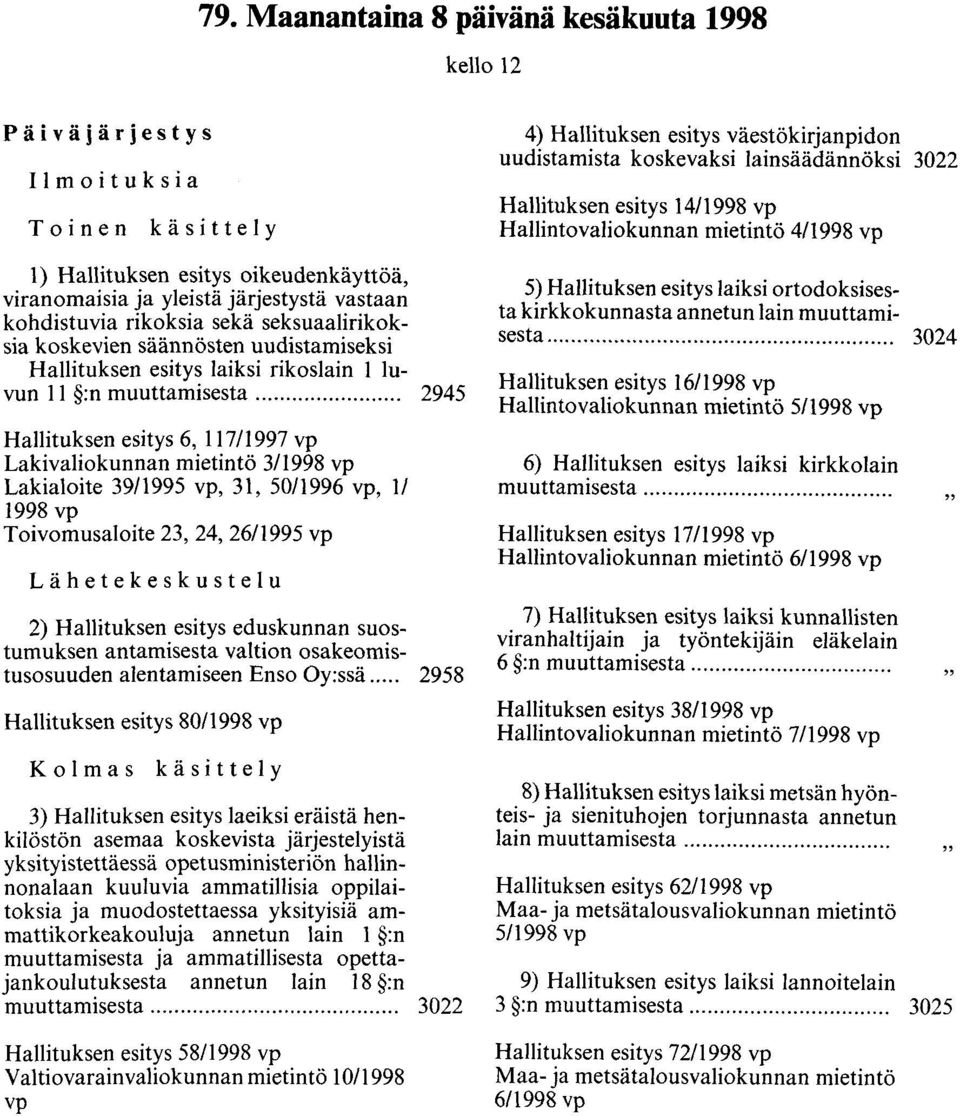 ....................... 2945 Hallituksen esitys 6, 117/1997 vp Lakivaliokunnan mietintö 3/1998 vp Lakialoite 39/1995 vp, 31, 50/1996 vp, 11 1998 vp Toivomusaloite 23, 24, 26/1995 vp Lähetekeskustelu