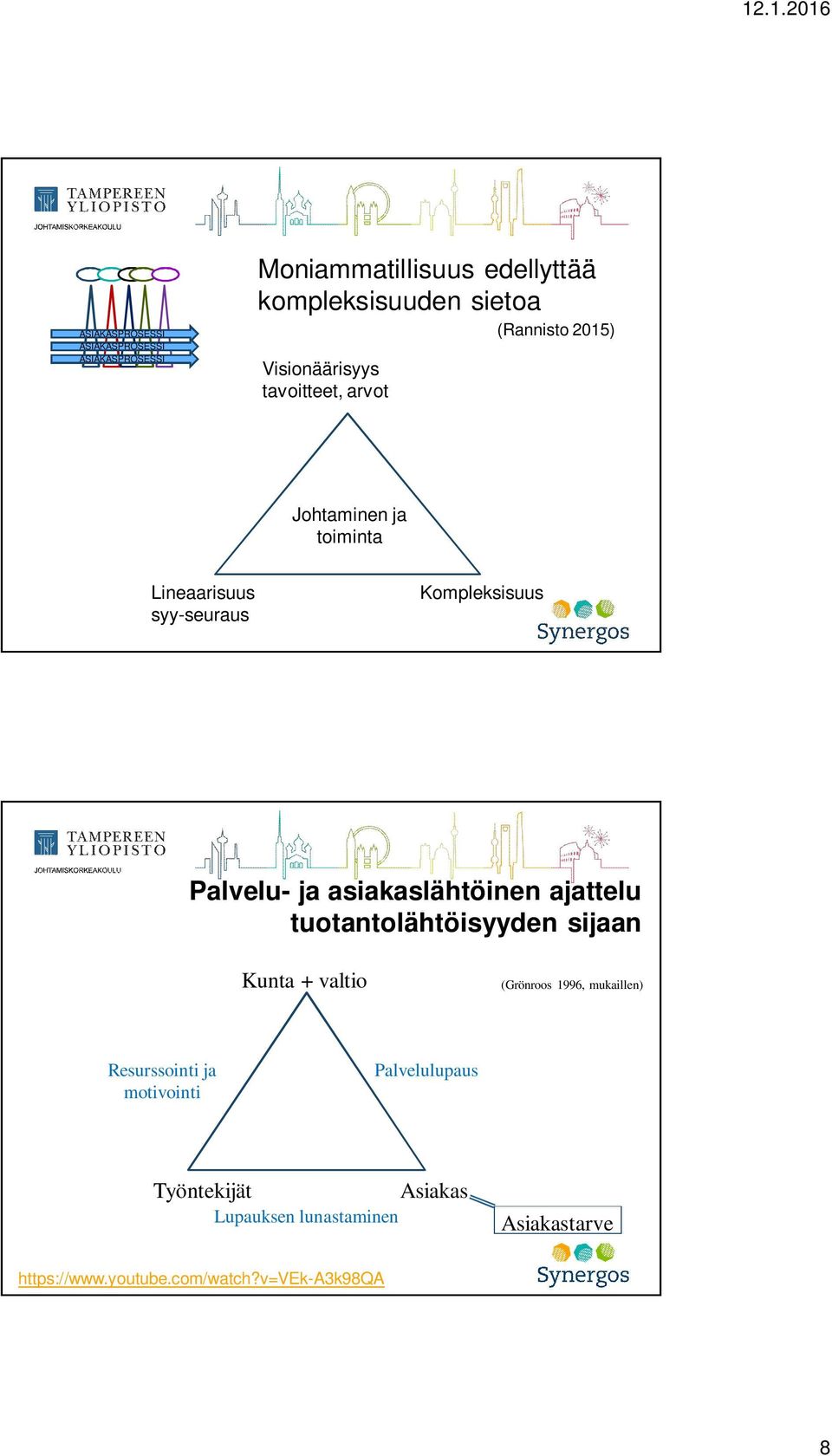 asiakaslähtöinen ajattelu tuotantolähtöisyyden sijaan Kunta + valtio (Grönroos 1996, mukaillen) Resurssointi ja