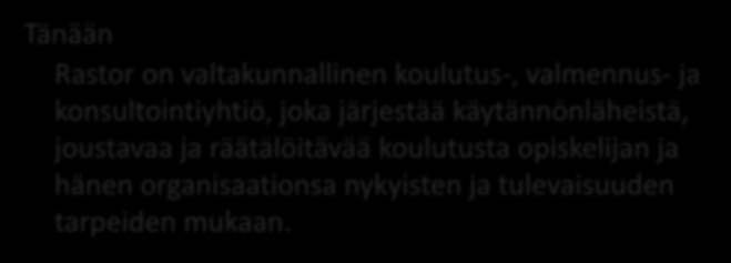 Rastorin tarina 1942 perustettiin Teollisuuden Työteholiitto ry RASTOR 1947 Työteholiitto, Puunjalostusteollisuuden Keskusliitto, Teollisuusliitto sekä Työnantajain Keskusliitto hankkivat Teknillinen