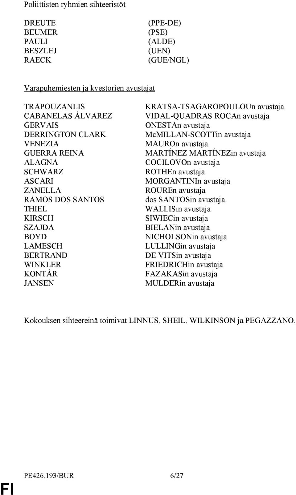 ONESTAn avustaja McMILLAN-SCOTTin avustaja MAUROn avustaja MARTÍNEZ MARTÍNEZin avustaja COCILOVOn avustaja ROTHEn avustaja MORGANTINIn avustaja ROUREn avustaja dos SANTOSin avustaja WALLISin avustaja