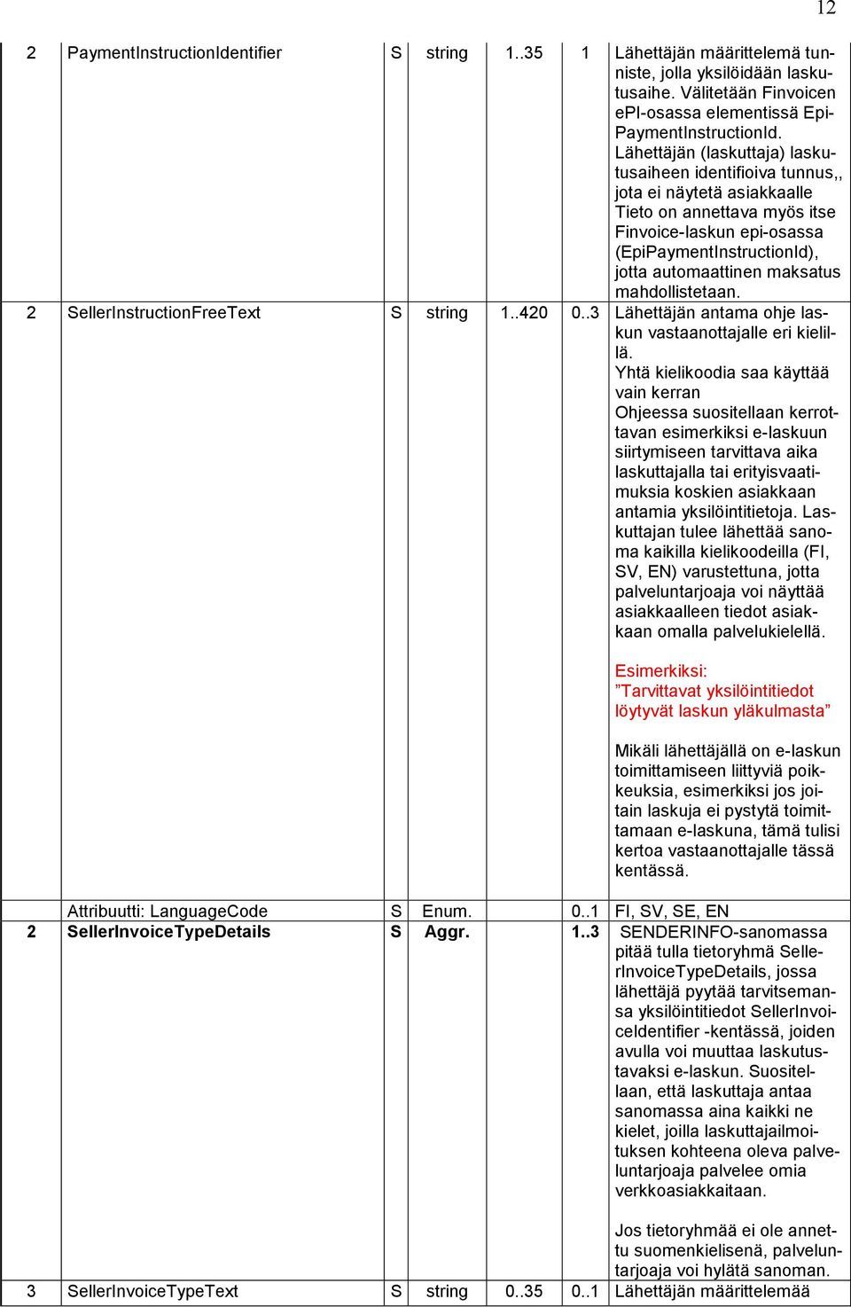maksatus mahdollistetaan. 2 SellerInstructionFreeText S string 1..420 0..3 Lähettäjän antama ohje laskun vastaanottajalle eri kielillä.