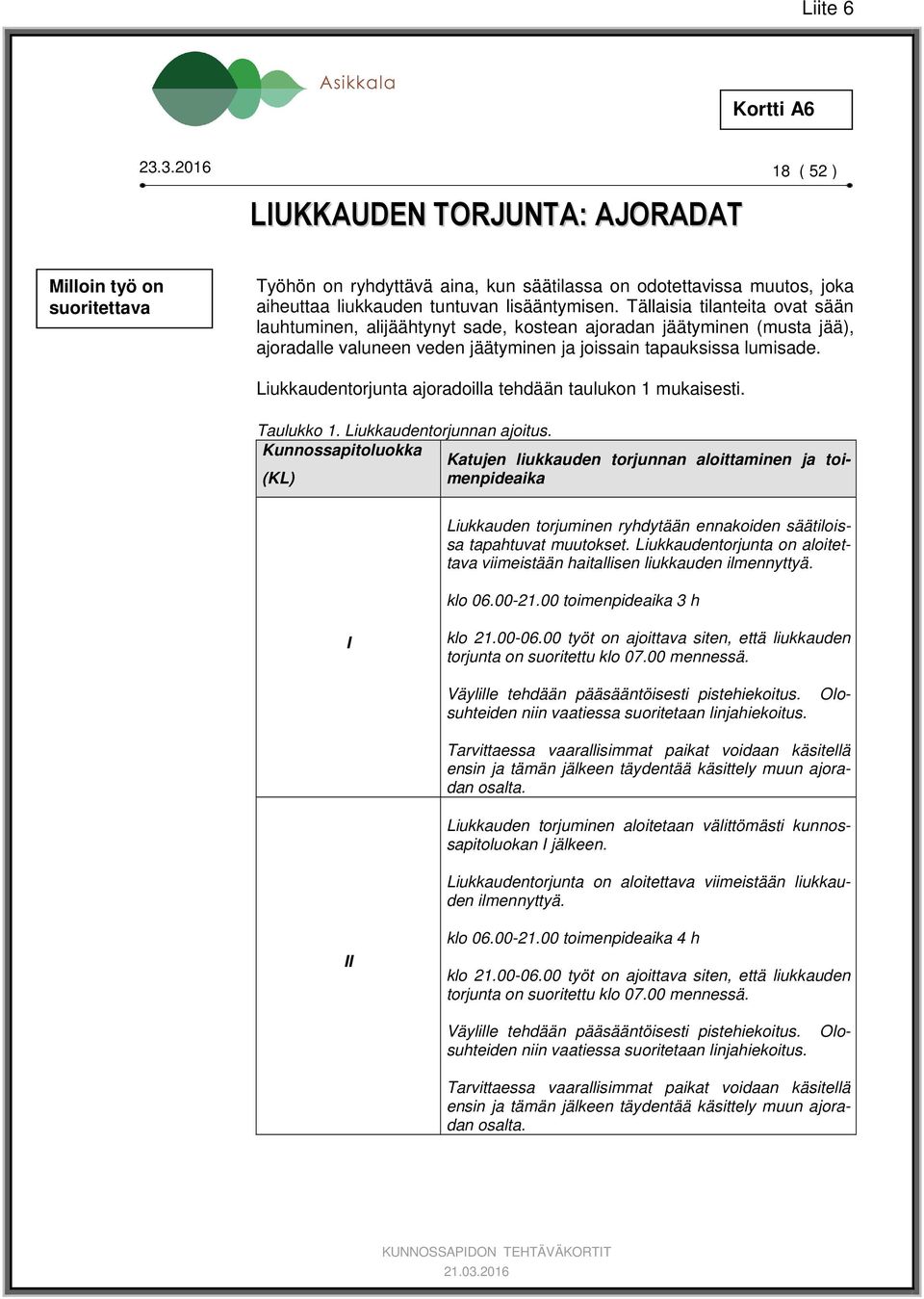 Liukkaudentorjunta ajoradoilla tehdään taulukon 1 mukaisesti. Taulukko 1. Liukkaudentorjunnan ajoitus.