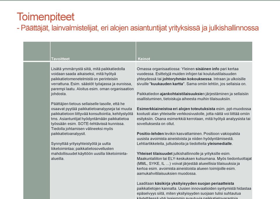 Päättäjien tietous sellaiselle tasolle, että he osaavat pyytää paikkatietoanalyyseja tai muuta paikkatietoon liittyvää konsultointia, kehitystyötä tms.