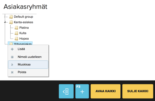 Luo uusi asiakasryhmä valitsemalla + (F3) tai muokkaa olemassa olevia ryhmiä painamalla ryhmän päällä hiiren kakkospainiketta.