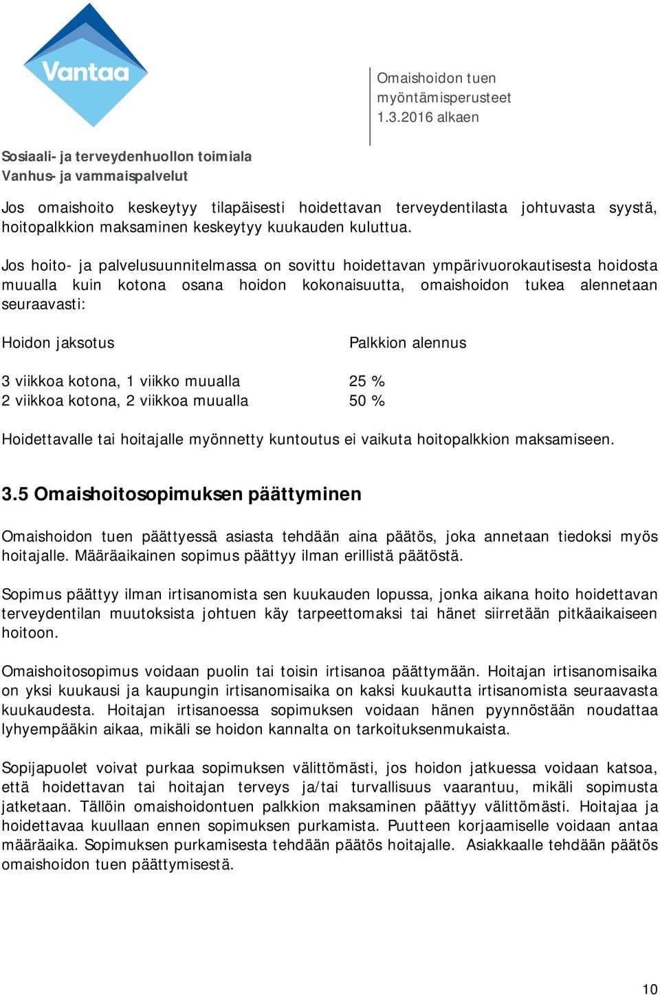 Palkkion alennus 3 viikkoa kotona, 1 viikko muualla 25 % 2 viikkoa kotona, 2 viikkoa muualla 50 % Hoidettavalle tai hoitajalle myönnetty kuntoutus ei vaikuta hoitopalkkion maksamiseen. 3.5 Omaishoitosopimuksen päättyminen Omaishoidon tuen päättyessä asiasta tehdään aina päätös, joka annetaan tiedoksi myös hoitajalle.