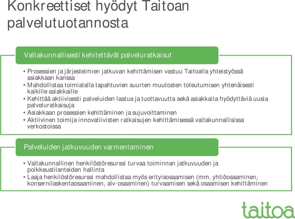 palveluratkaisuja Asiakkaan prosessien kehittäminen ja sujuvoittaminen Aktiivinen toimija innovatiivisten ratkaisujen kehittämisessä valtakunnallisissa verkostoissa Palveluiden jatkuvuuden