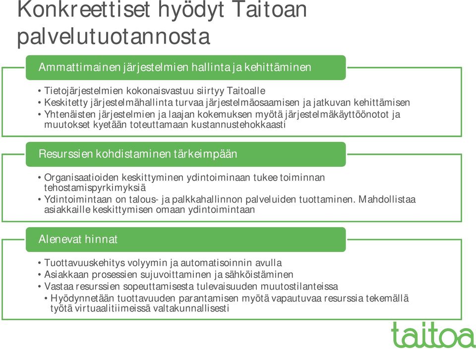 kohdistaminen tärkeimpään Organisaatioiden keskittyminen ydintoiminaan tukee toiminnan tehostamispyrkimyksiä Ydintoimintaan on talous- ja palkkahallinnon palveluiden tuottaminen.