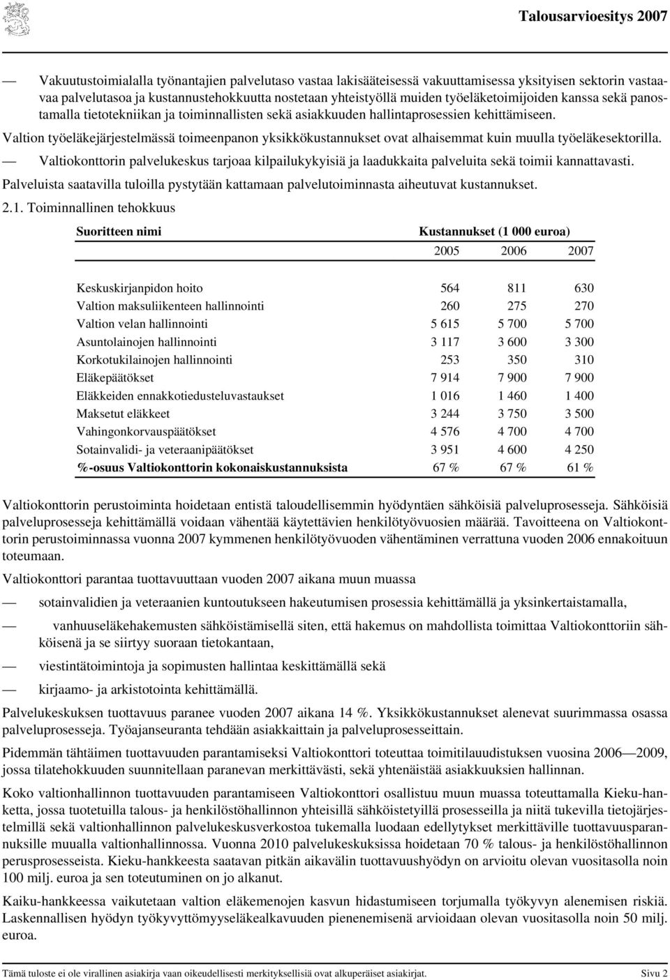 Valtion työeläkejärjestelmässä toimeenpanon yksikkökustannukset ovat alhaisemmat kuin muulla työeläkesektorilla.