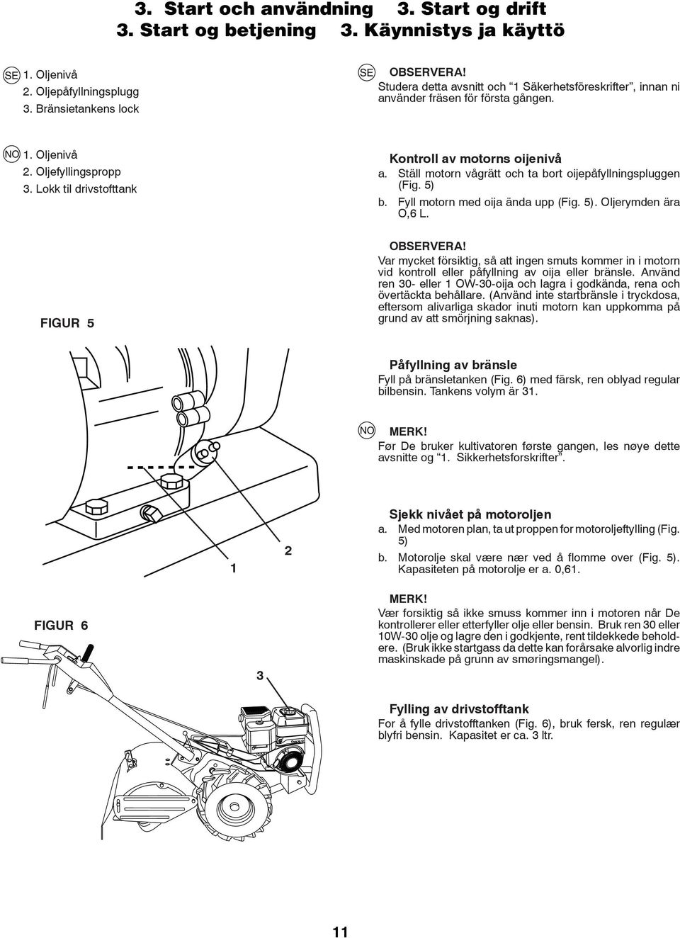 Ställ motorn vågrätt och ta bort oijepåfyllningspluggen (Fig. ) b. Fyll motorn med oija ända upp (Fig. ). Oljerymden ära O,6 L. FIGUR OBSERVERA!
