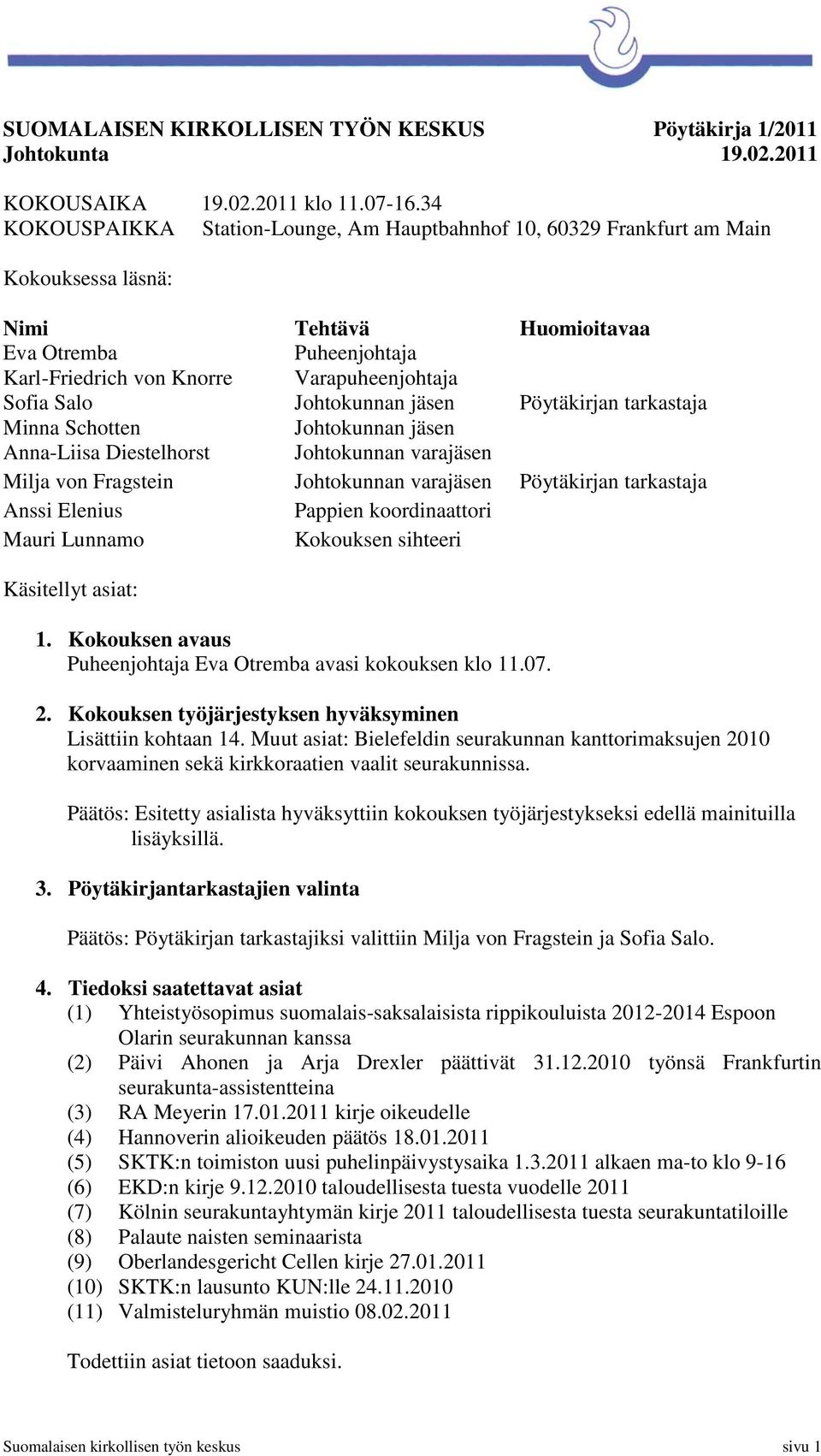 Salo Johtokunnan jäsen Pöytäkirjan tarkastaja Minna Schotten Johtokunnan jäsen Anna-Liisa Diestelhorst Johtokunnan varajäsen Milja von Fragstein Johtokunnan varajäsen Pöytäkirjan tarkastaja Anssi