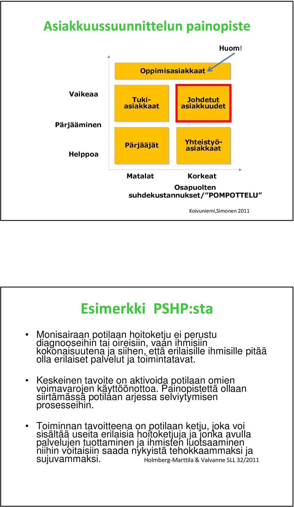PSHP:sta Monisairaan potilaan hoitoketju ei perustu diagnooseihin tai oireisiin, vaan ihmisiin kokonaisuutena ja siihen, että erilaisille ihmisille pitää olla erilaiset palvelut ja toimintatavat.