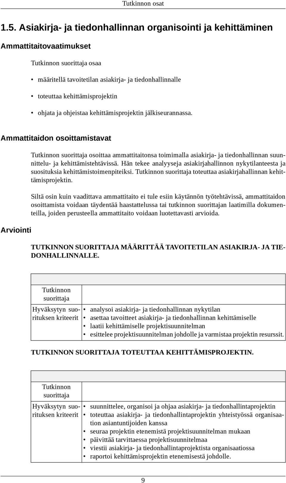 kehittämisprojektin jälkiseurannassa. Ammattitaidon osoittamistavat Arviointi osoittaa ammattitaitonsa toimimalla asiakirja- ja tiedonhallinnan suunnittelu- ja kehittämistehtävissä.