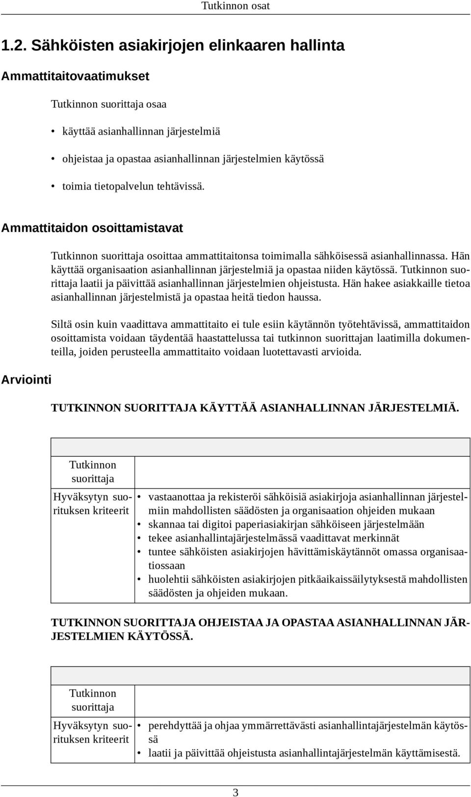 Ammattitaidon osoittamistavat Arviointi osoittaa ammattitaitonsa toimimalla sähköisessä asianhallinnassa. Hän käyttää organisaation asianhallinnan järjestelmiä ja opastaa niiden käytössä.