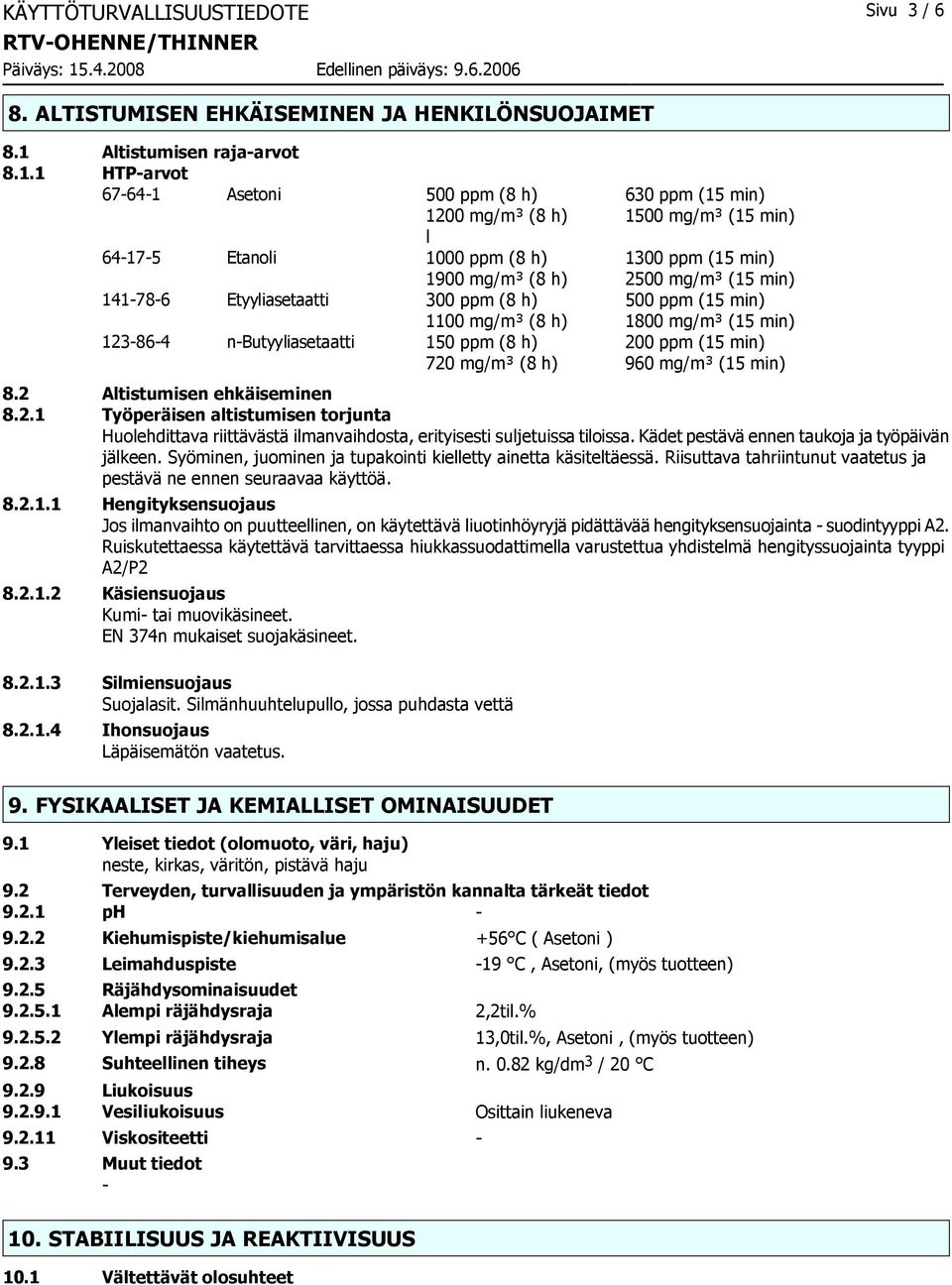 1 HTP-arvot 67-64-1 Asetoni 500 ppm (8 h) 630 ppm (15 min) 1200 mg/m³ (8 h) 1500 mg/m³ (15 min) l 64-17-5 Etanoli 1000 ppm (8 h) 1300 ppm (15 min) 1900 mg/m³ (8 h) 2500 mg/m³ (15 min) 141-78-6
