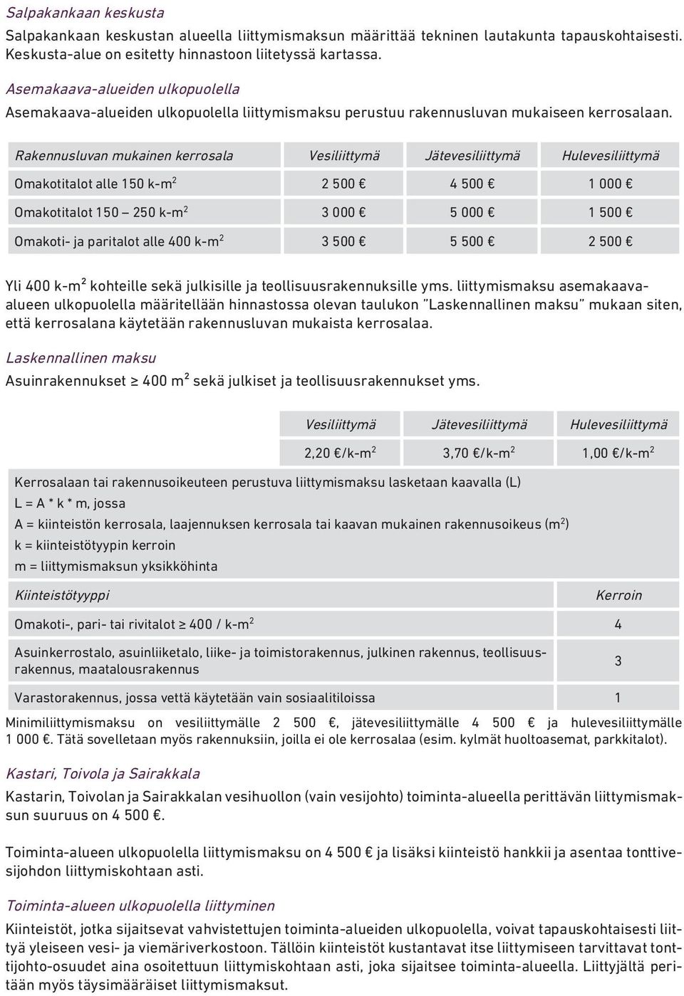 Rakennusluvan mukainen kerrosala Vesiliittymä Jätevesiliittymä Hulevesiliittymä Omakotitalot alle 150 k-m 2 2 500 4 500 1 000 Omakotitalot 150 250 k-m 2 3 000 5 000 1 500 Omakoti- ja paritalot alle