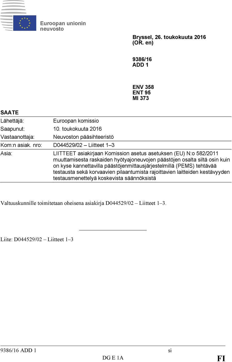 nro: D044529/02 Liitteet 1 3 Asia: LIITTEET asiakirjaan Komission asetus asetuksen (EU) N:o 582/2011 muuttamisesta raskaiden hyötyajoneuvojen päästöjen osalta siltä osin kuin on