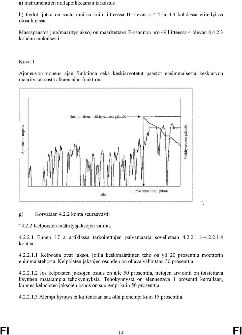 Kuva 1 Ajoneuvon nopeus ajan funktiona sekä keskiarvotetut päästöt ensimmäisestä keskiarvon määritysjaksosta alkaen ajan funktiona. g) Korvataan 4.2.2 kohta seuraavasti: 4.2.2 Kelpoisten määritysjaksojen valinta 4.