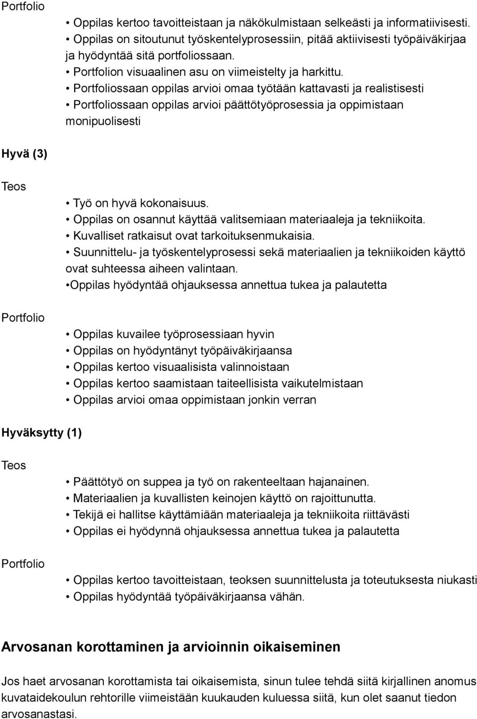 Portfoliossaan oppilas arvioi omaa työtään kattavasti ja realistisesti Portfoliossaan oppilas arvioi päättötyöprosessia ja oppimistaan monipuolisesti Hyvä (3) Teos Portfolio Työ on hyvä kokonaisuus.