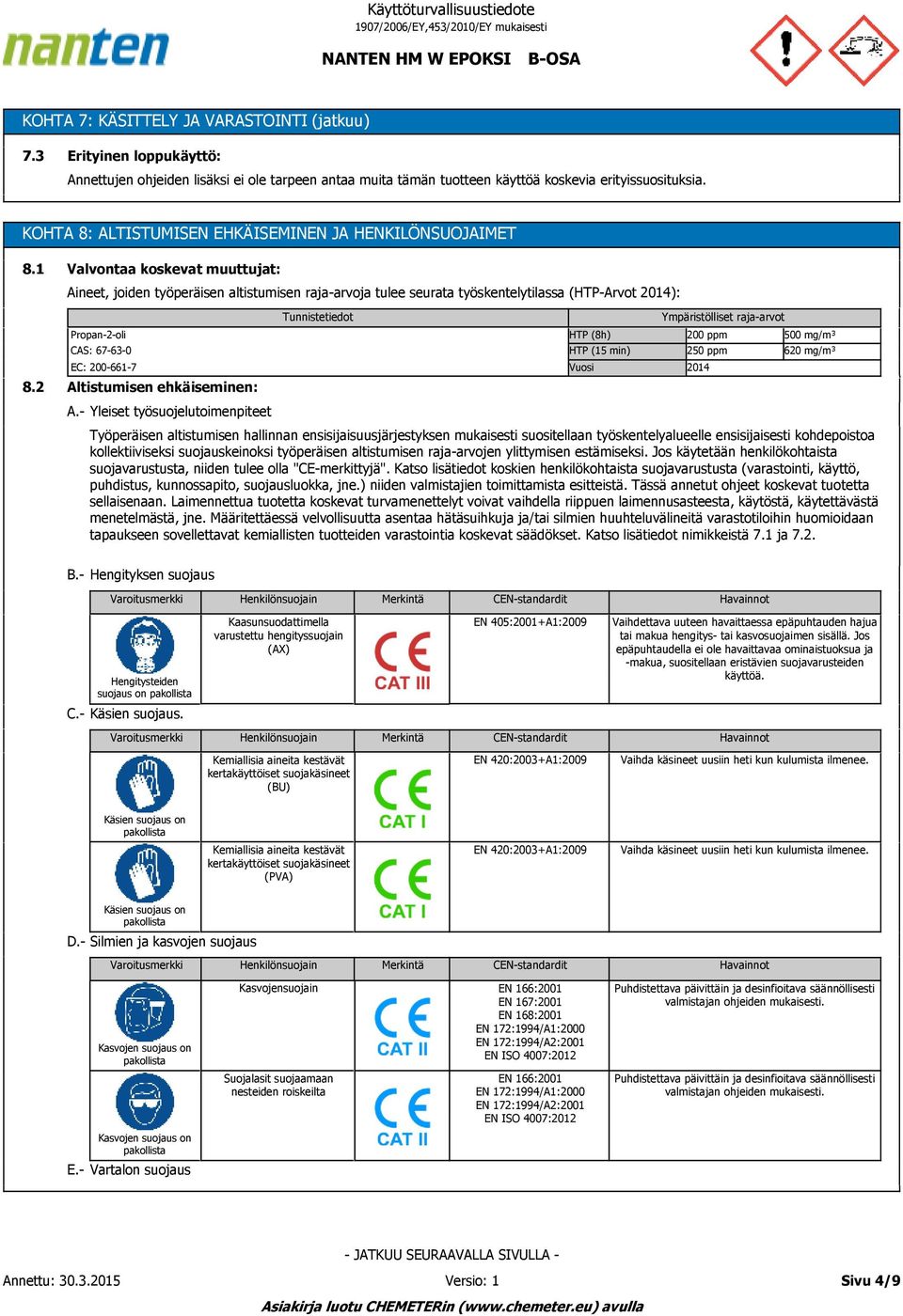 2 Valvontaa koskevat muuttujat: Aineet, joiden työperäisen altistumisen raja-arvoja tulee seurata työskentelytilassa (HTP-Arvot 2014): Altistumisen ehkäiseminen: A.