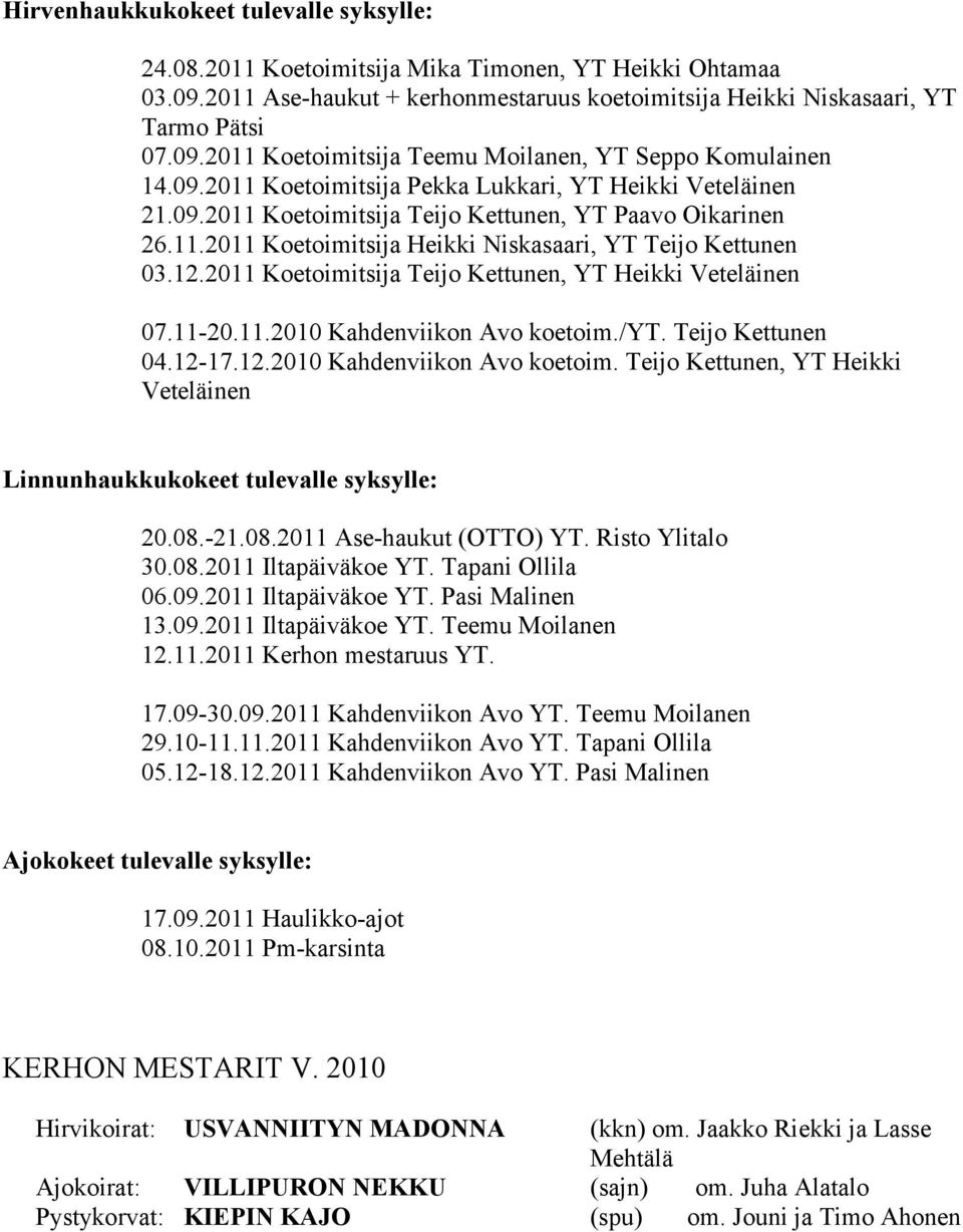 2011 Koetoimitsija Teijo Kettunen, YT Heikki Veteläinen 07.11-20.11.2010 Kahdenviikon Avo koetoim./yt. Teijo Kettunen 04.12-17.12.2010 Kahdenviikon Avo koetoim. Teijo Kettunen, YT Heikki Veteläinen Linnunhaukkukokeet tulevalle syksylle: 20.
