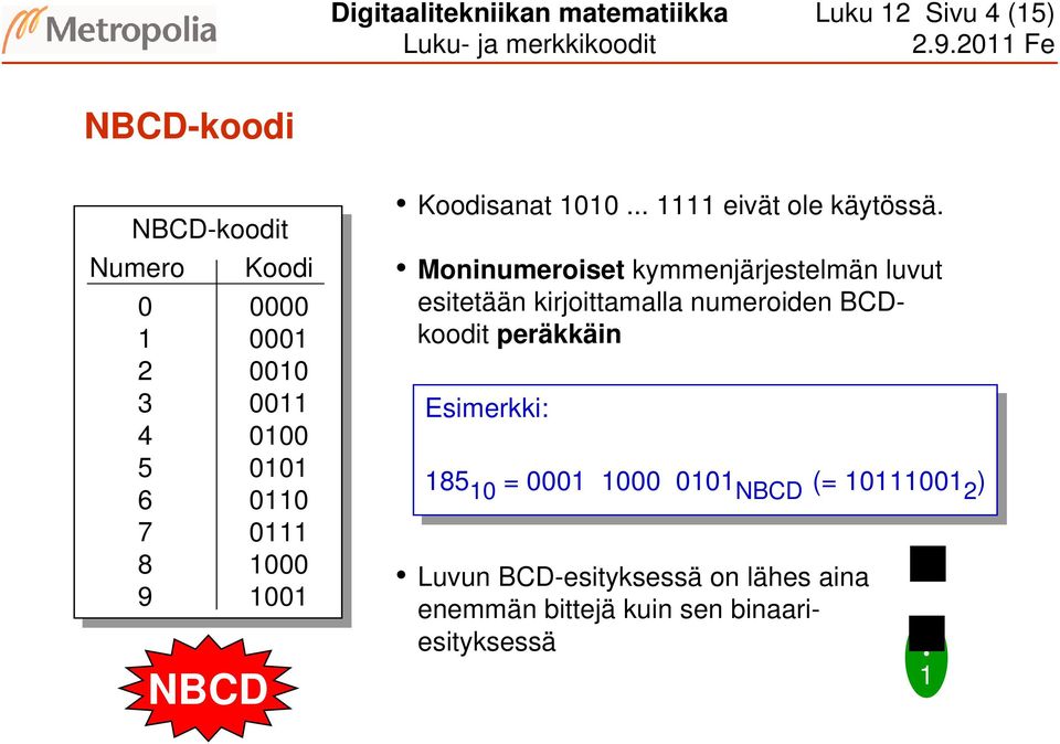 Moninumeroiset kymmenjärjestelmän luvut esitetään kirjoittamalla numeroiden BCDkoodit peräkkäin Esimerkki: 185 185 10 = 10 0001 0001