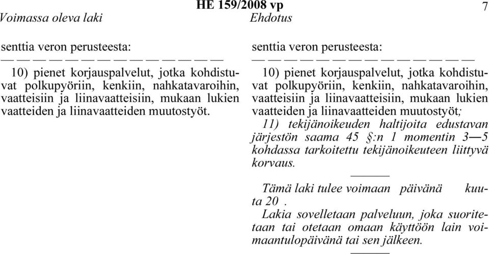 senttia veron perusteesta: 10) pienet korjauspalvelut, jotka kohdistuvat polkupyöriin, kenkiin, nahkatavaroihin, vaatteisiin ja liinavaatteisiin, mukaan lukien vaatteiden ja