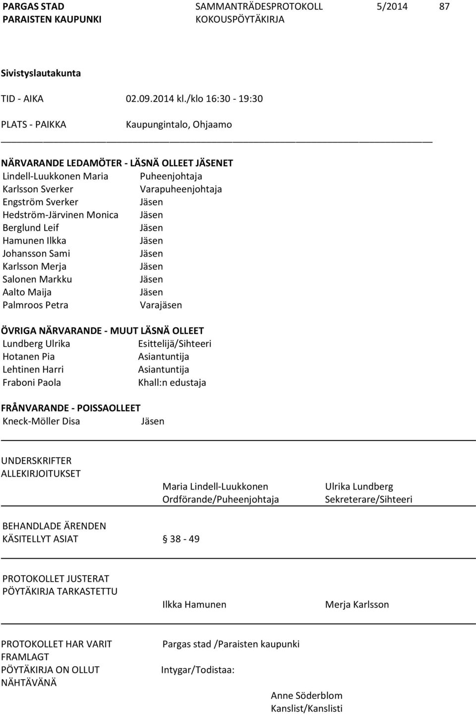 Hedström-Järvinen Monica Jäsen Berglund Leif Jäsen Hamunen Ilkka Jäsen Johansson Sami Jäsen Karlsson Merja Jäsen Salonen Markku Jäsen Aalto Maija Jäsen Palmroos Petra Varajäsen ÖVRIGA NÄRVARANDE -