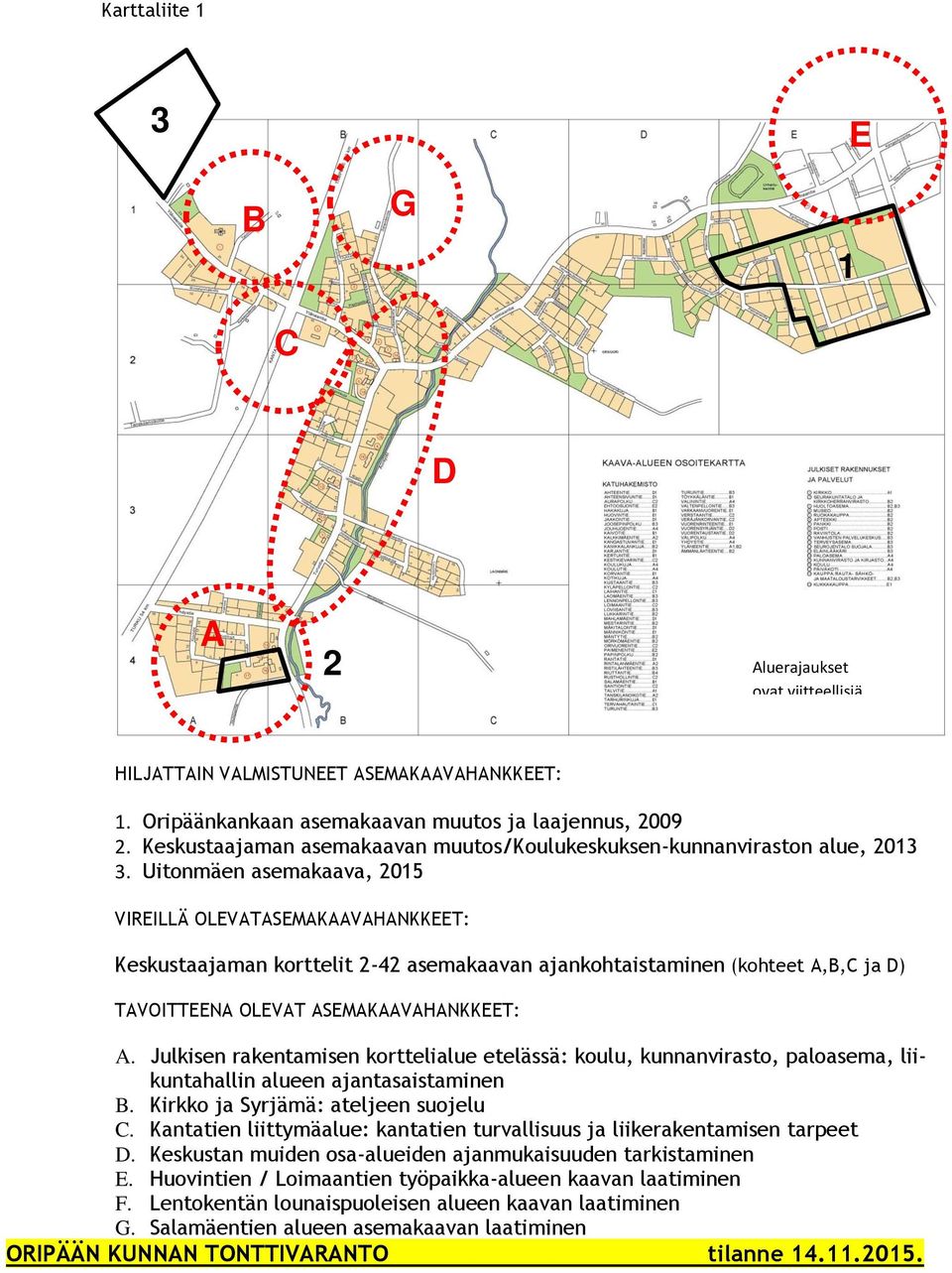 Uitonmäen asemakaava, 2015 VIREILLÄ OLEVATASEMAKAAVAHANKKEET: Keskustaajaman korttelit 2-42 asemakaavan ajankohtaistaminen (kohteet A,B,C ja D) TAVOITTEENA OLEVAT ASEMAKAAVAHANKKEET: A.