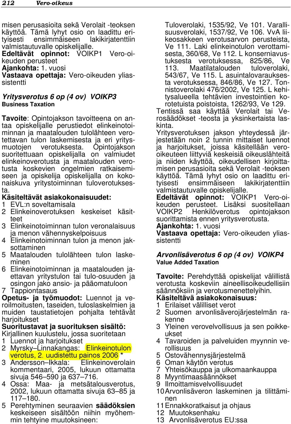 vuosi Vastaava opettaja: Vero-oikeuden yliassistentti Yritysverotus 6 op (4 ov) VOIKP3 Business Taxation Tavoite: Opintojakson tavoitteena on antaa opiskelijalle perustiedot elinkeinotoiminnan ja