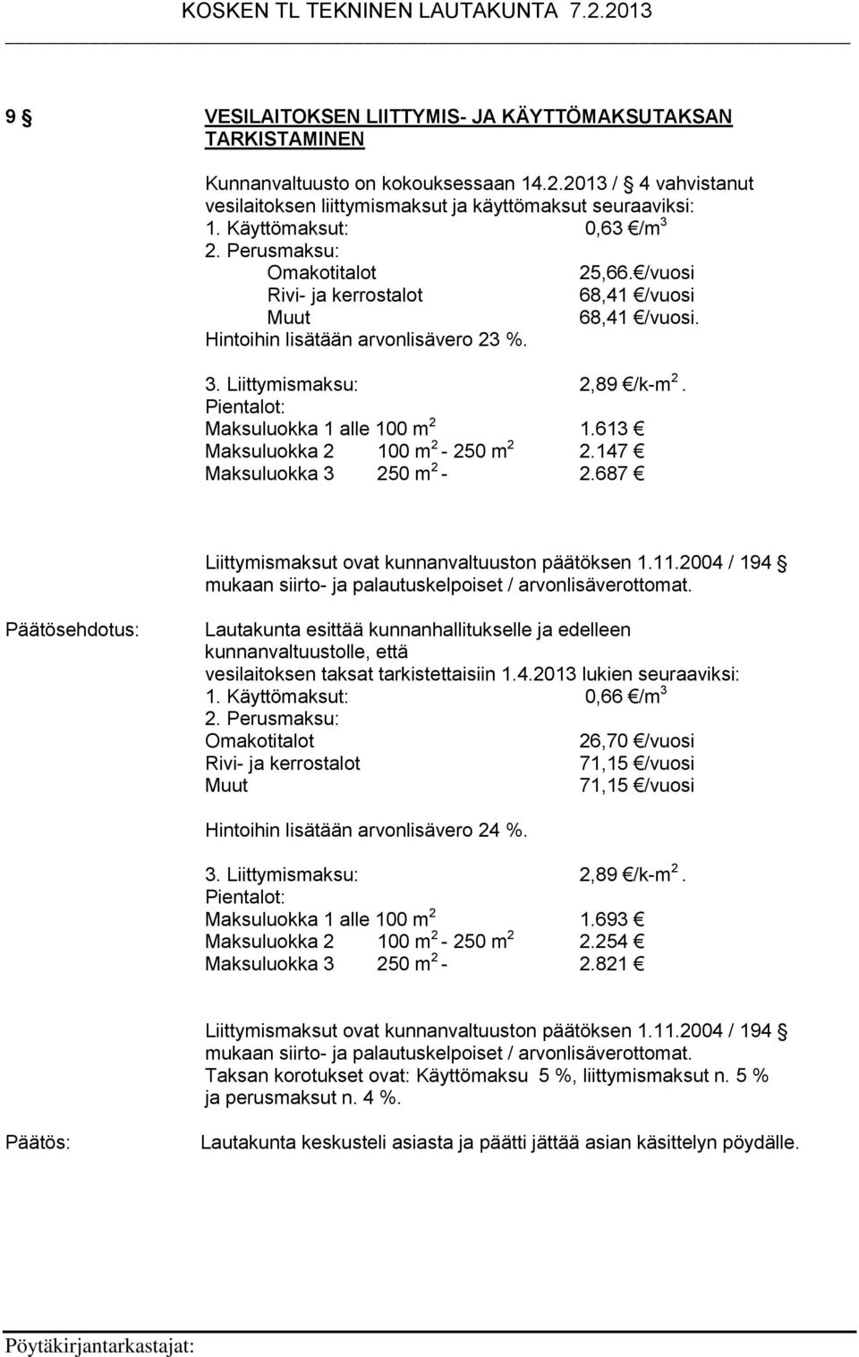 Pientalot: Maksuluokka 1 alle 100 m 2 1.613 Maksuluokka 2 100 m 2-250 m 2 2.147 Maksuluokka 3 250 m 2-2.687 Liittymismaksut ovat kunnanvaltuuston päätöksen 1.11.