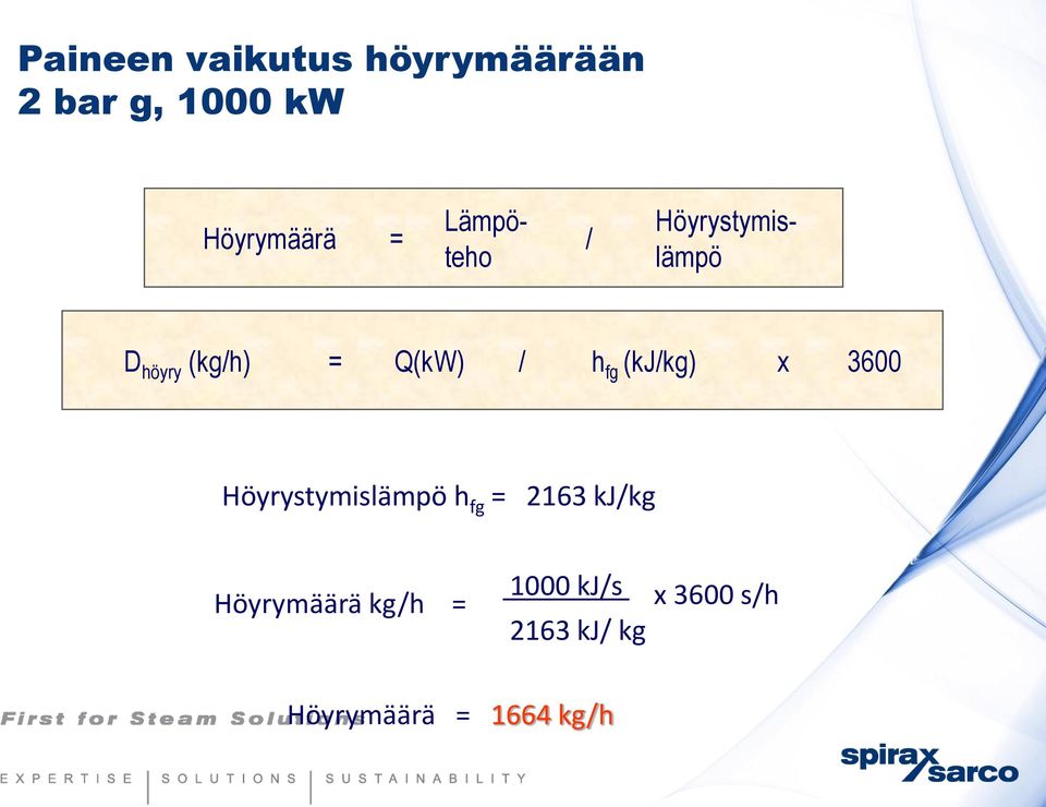 (kj/kg) x 3600 Höyrystymislämpö h fg = 2163 kj/kg Höyrymäärä