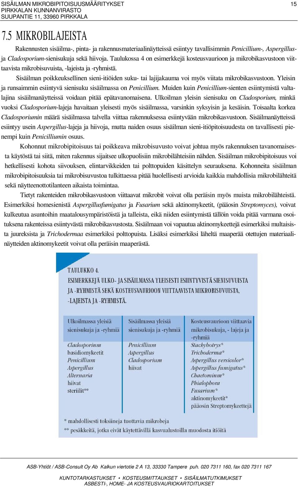 Taulukossa 4 on esimerkkejä kosteusvaurioon ja mikrobikasvustoon viittaavista mikrobisuvuista, -lajeista ja -ryhmistä.