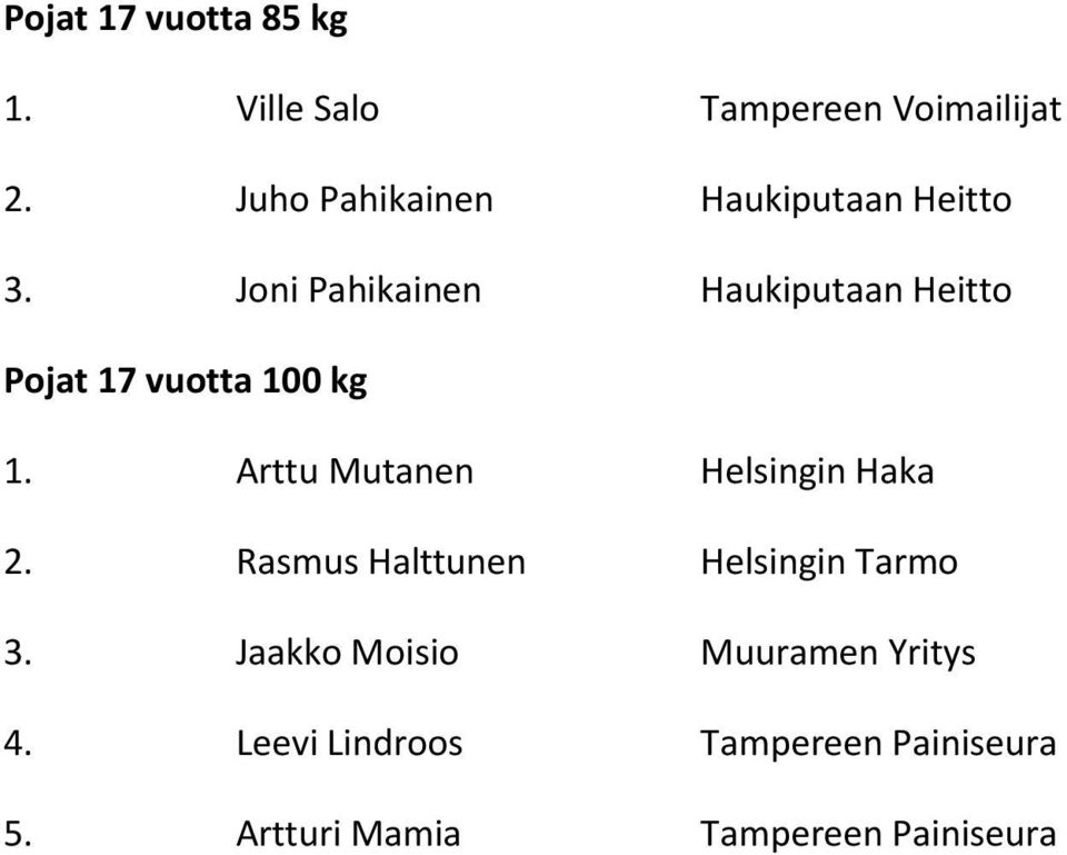 Joni Pahikainen Haukiputaan Heitto Pojat 17 vuotta 100 kg 1.