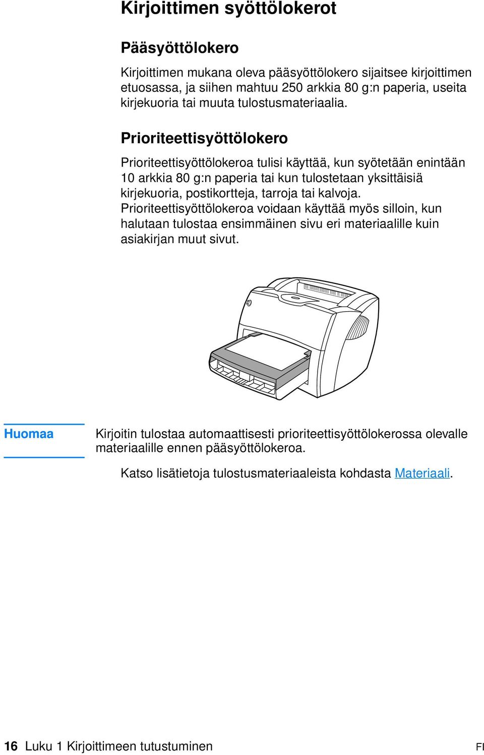Prioriteettisyöttölokero Prioriteettisyöttölokeroa tulisi käyttää, kun syötetään enintään 10 arkkia 80 g:n paperia tai kun tulostetaan yksittäisiä kirjekuoria, postikortteja, tarroja tai