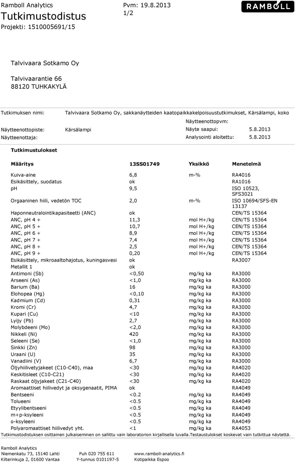 Näytteenottopvm: Näytteenottopiste: Kärsälampi Näyte saapui: 5.8.