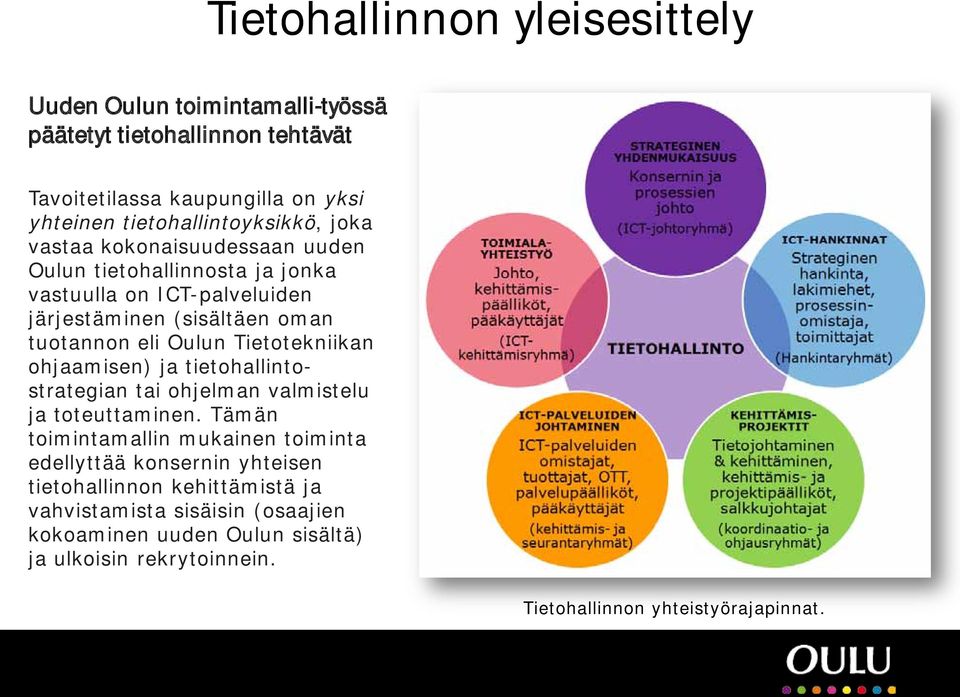 tuotannon eli Oulun Tietotekniikan ohjaamisen) ja tietohallintostrategian tai ohjelman valmistelu ja toteuttaminen.