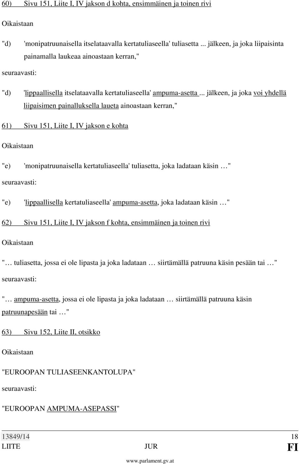 .. jälkeen, ja joka voi yhdellä liipaisimen painalluksella laueta ainoastaan kerran," 61) Sivu 151, Liite I, IV jakson e kohta "e) 'monipatruunaisella kertatuliaseella' tuliasetta, joka ladataan