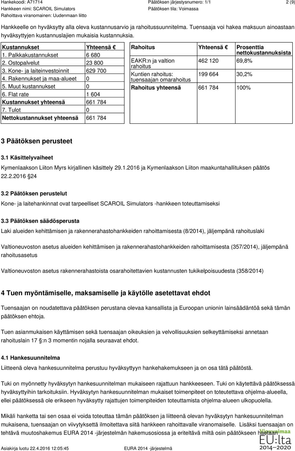 Tulot 0 Nettokustannukset yhteensä 661 784 Rahoitus Yhteensä Prosenttia nettokustannuksista EAKR:n ja valtion 462 120 69,8% rahoitus Kuntien rahoitus: 199 664 30,2% tuensaajan omarahoitus Rahoitus