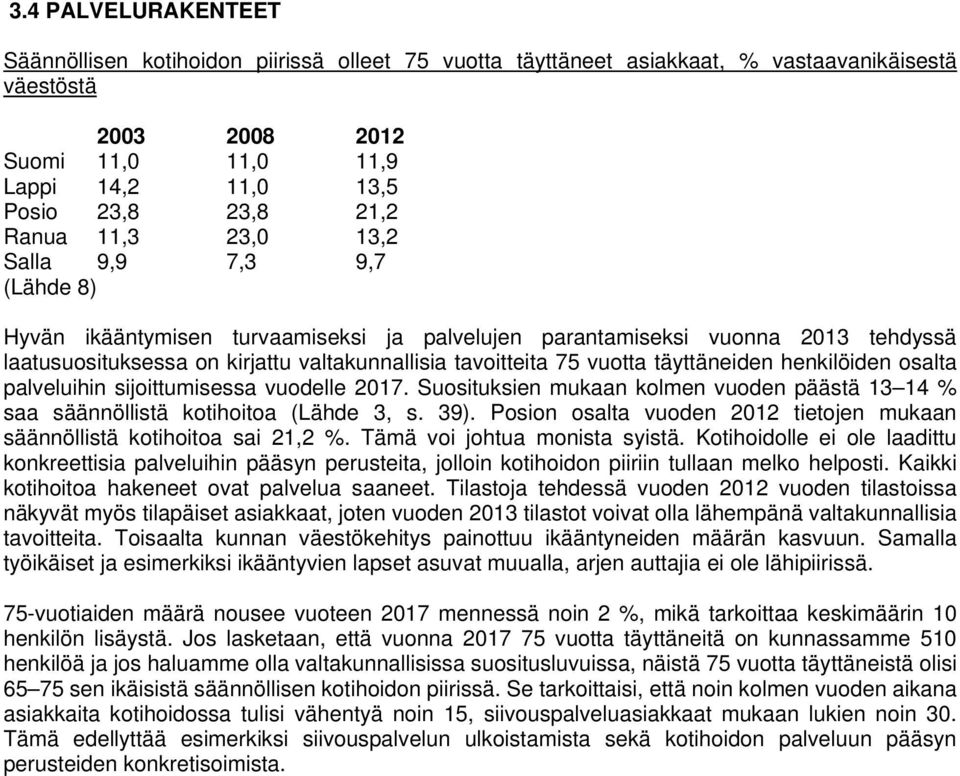 hekilöide osalta palveluihi sijoittumisessa vuodelle 2017. Suosituksie mukaa kolme vuode päästä 13 14 % saa sääöllistä kotihoitoa (Lähde 3, s. 39).