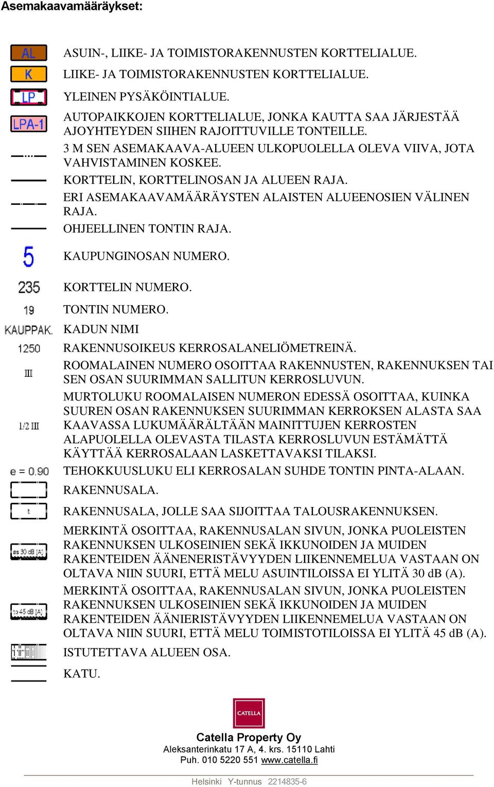 KORTTELIN, KORTTELINOSAN JA ALUEEN RAJA. ERI ASEMAKAAVAMÄÄRÄYSTEN ALAISTEN ALUEENOSIEN VÄLINEN RAJA. OHJEELLINEN TONTIN RAJA. KAUPUNGINOSAN NUMERO. KORTTELIN NUMERO. TONTIN NUMERO.