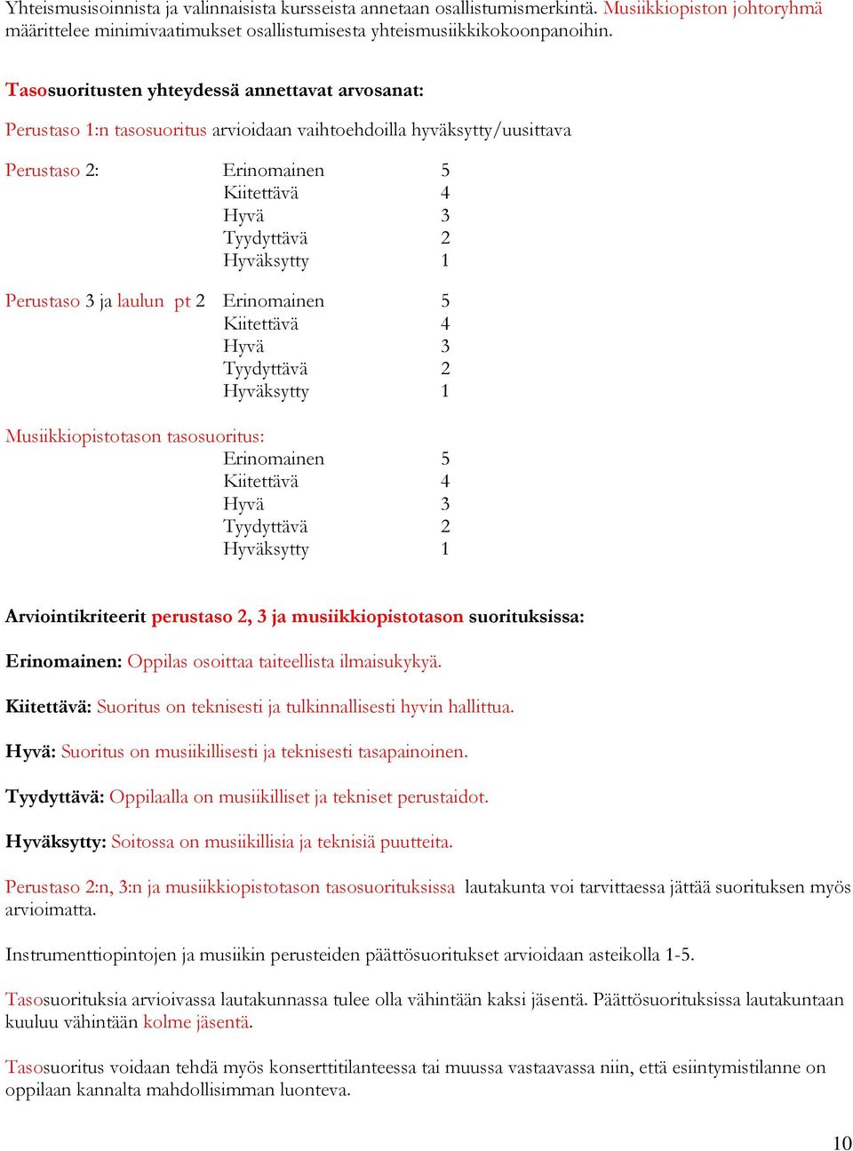 Perustaso 3 ja laulun pt 2 Erinomainen 5 Kiitettävä 4 Hyvä 3 Tyydyttävä 2 Hyväksytty 1 Musiikkiopistotason tasosuoritus: Erinomainen 5 Kiitettävä 4 Hyvä 3 Tyydyttävä 2 Hyväksytty 1 Arviointikriteerit