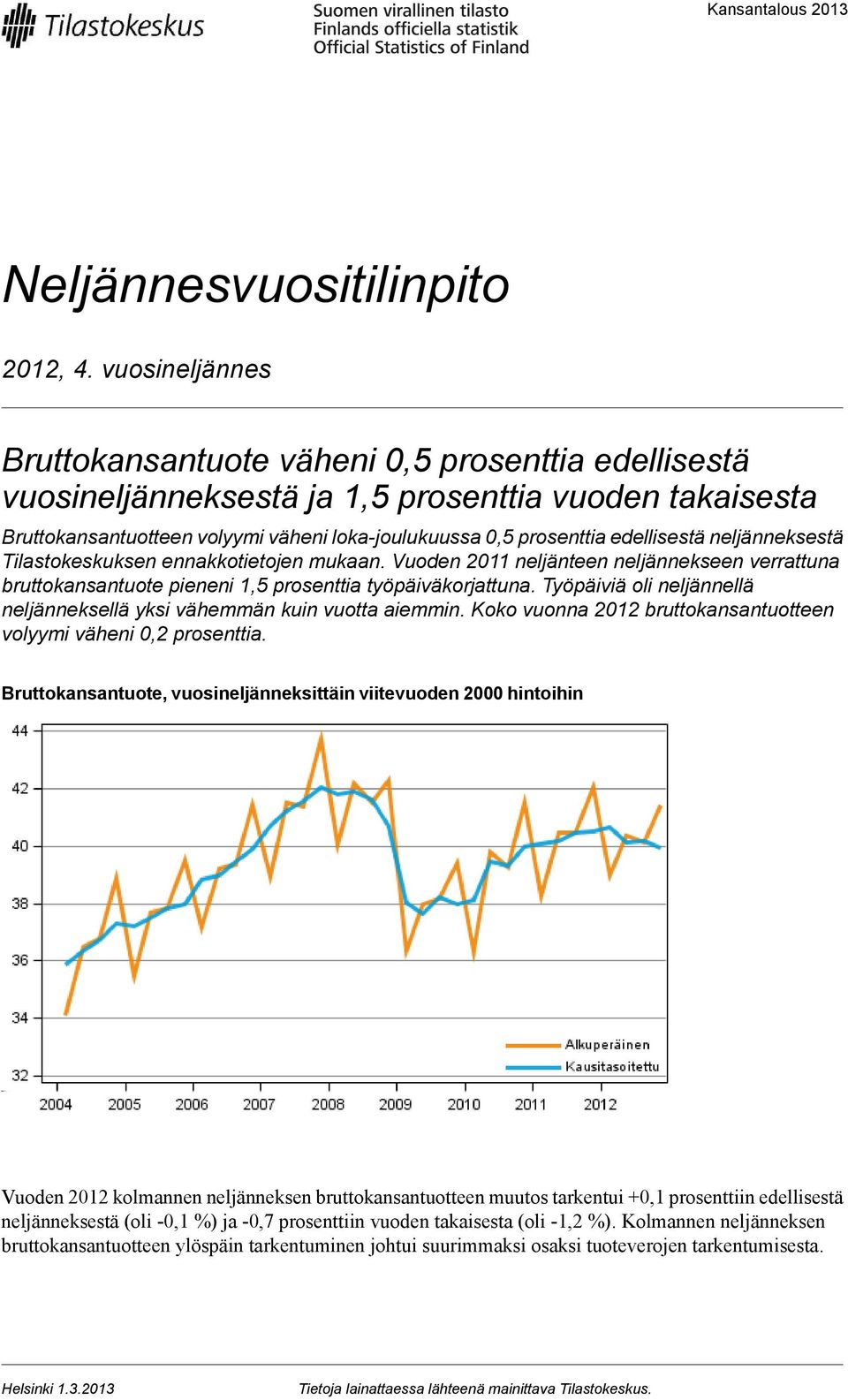 edellisestä neljänneksestä Tilastokeskuksen ennakkotietojen mukaan. Vuoden 2011 neljänteen neljännekseen verrattuna bruttokansantuote pieneni 1,5 prosenttia työpäiväkorjattuna.