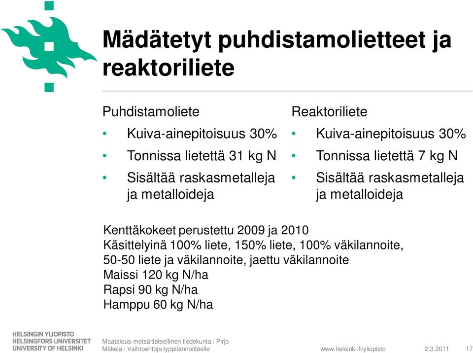 raskasmetalleja ja metalloideja Kenttäkokeet perustettu 2009 ja 2010 Käsittelyinä 100% liete, 150% liete, 100%