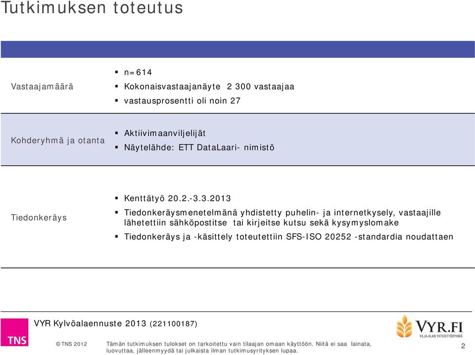 3.2013 Tiedonkeräysmenetelmänä yhdistetty puhelin- ja internetkysely, vastaajille lähetettiin sähköpostitse