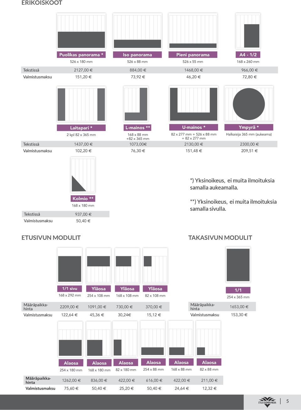 2130,00 e 2300,00 e Valmistusmaksu 102,20 e 76,30 e 151,48 e 209,51 e *) Yksinoikeus, ei muita ilmoituksia samalla aukeamalla.