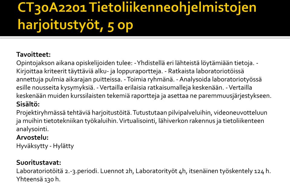 - Vertailla keskenään muiden kurssilaisten tekemiä raportteja ja asettaa ne paremmuusjärjestykseen. Sisältö: Projektiryhmässä tehtäviä harjoitustöitä.