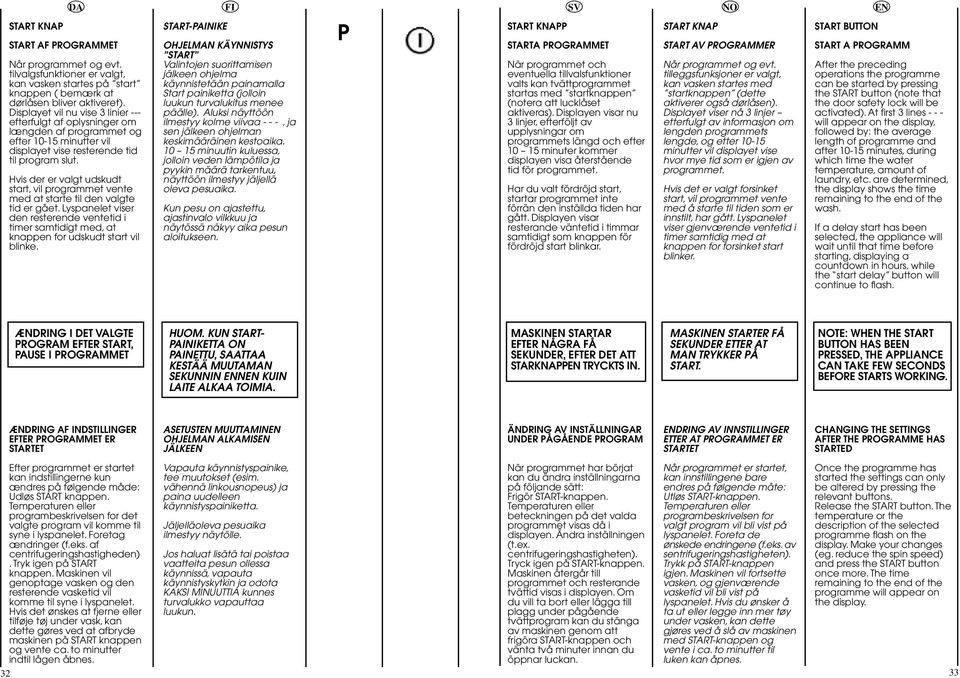 Hvis der er valgt udskudt start, vil programmet vente med at starte til den valgte tid er gået. Lyspanelet viser den resterende ventetid i timer samtidigt med, at knappen for udskudt start vil blinke.