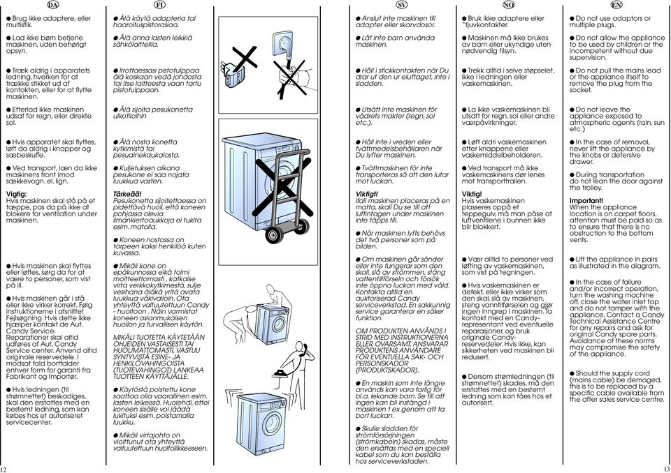 Maskinen må ikke brukes av barn eller ukyndige uten nødvendig tilsyn. Do not allow the appliance to be used by children or the incompetent without due supervision.