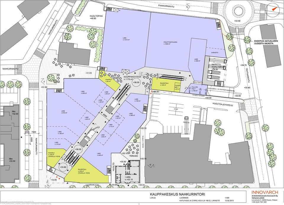 1200 AJOLUISKA 1:10, KATTOPYSÄKÖINTIIN +55.00 HUOLTOAJOYHTEYS +55.60 +55.40 liike +52.00 n.610 m² n.65 m² 9000 n.45 m² n.360 m² 21 AP liike +53.50 2500 7000 6000 n.110 m² KAHVILA n.